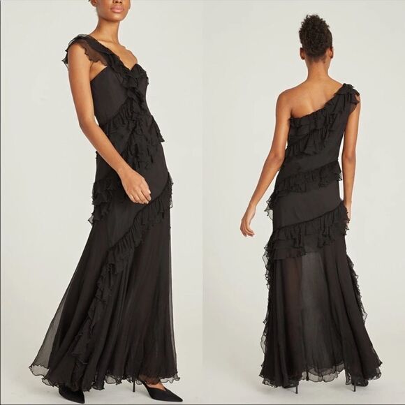 AMUR Harlow Silk Sleeveless One-Shoulder Ruffle Maxi Dress Black 0 - Picture 6 of 16